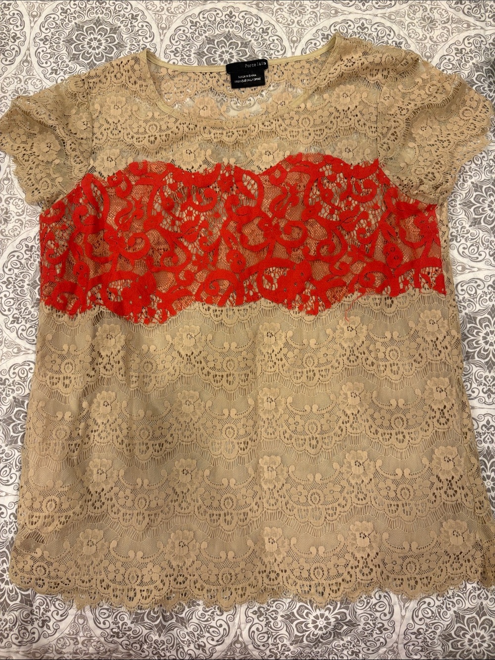 Imperial Porcelain Beige Lace Blouse with Red Lace Panel
